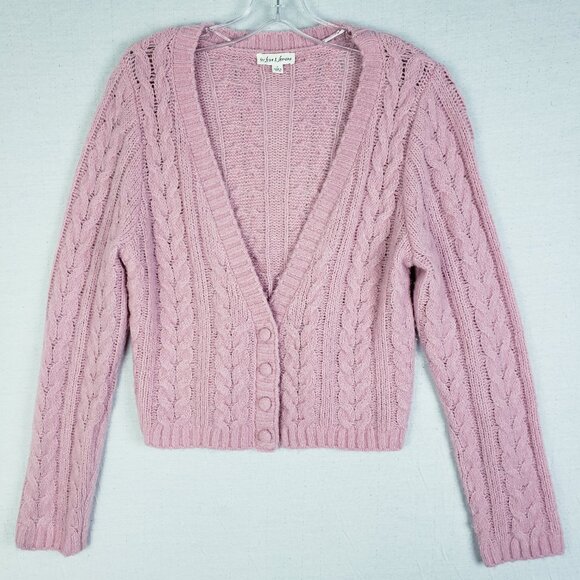 FOR LOVE & LEMONS Billie Long-Sleeve Cardigan Cable Knit Pink size L Coquette - Picture 2 of 16